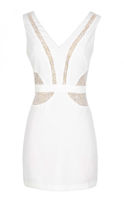 Lace Panel Fitted Designer Dress in Ivory/Beige